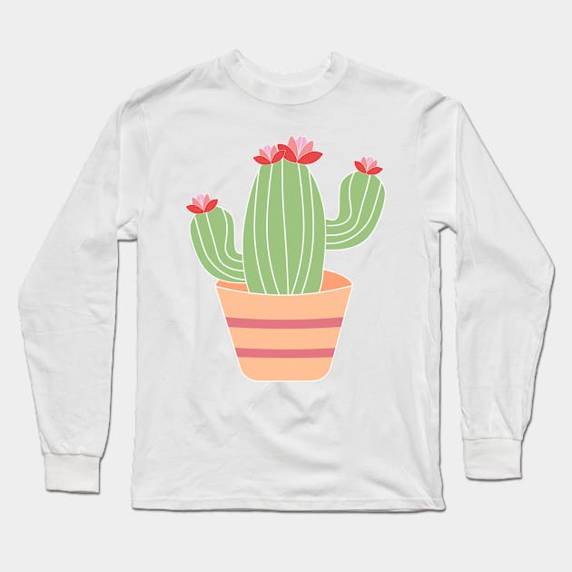 Tall cactus with blooming flower in a ceramic pot Long Sleeve T-Shirt by Aoxydesign